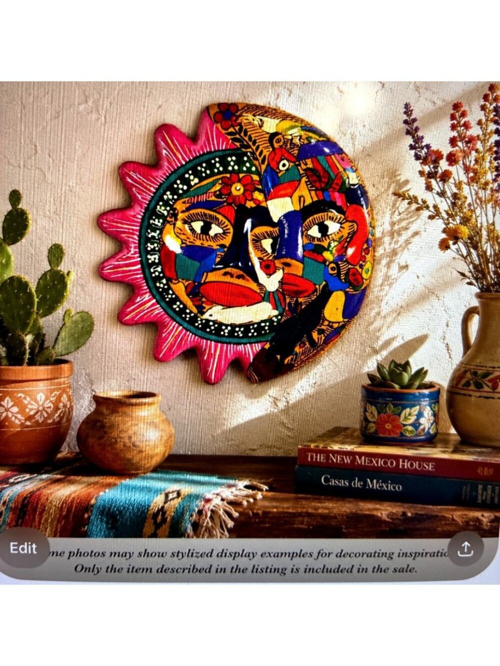 Vintage Hand Painted Mexican Folk Art Sun Moon Wall Plaque, Terracotta Celestial - Picture 3 of 12